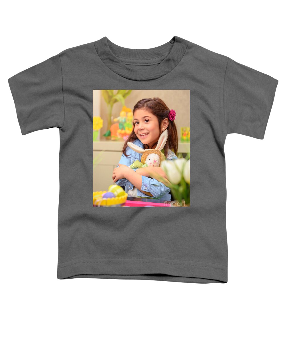 Baby Toddler T-Shirt featuring the photograph Happy girl with bunny toy by Anna Om