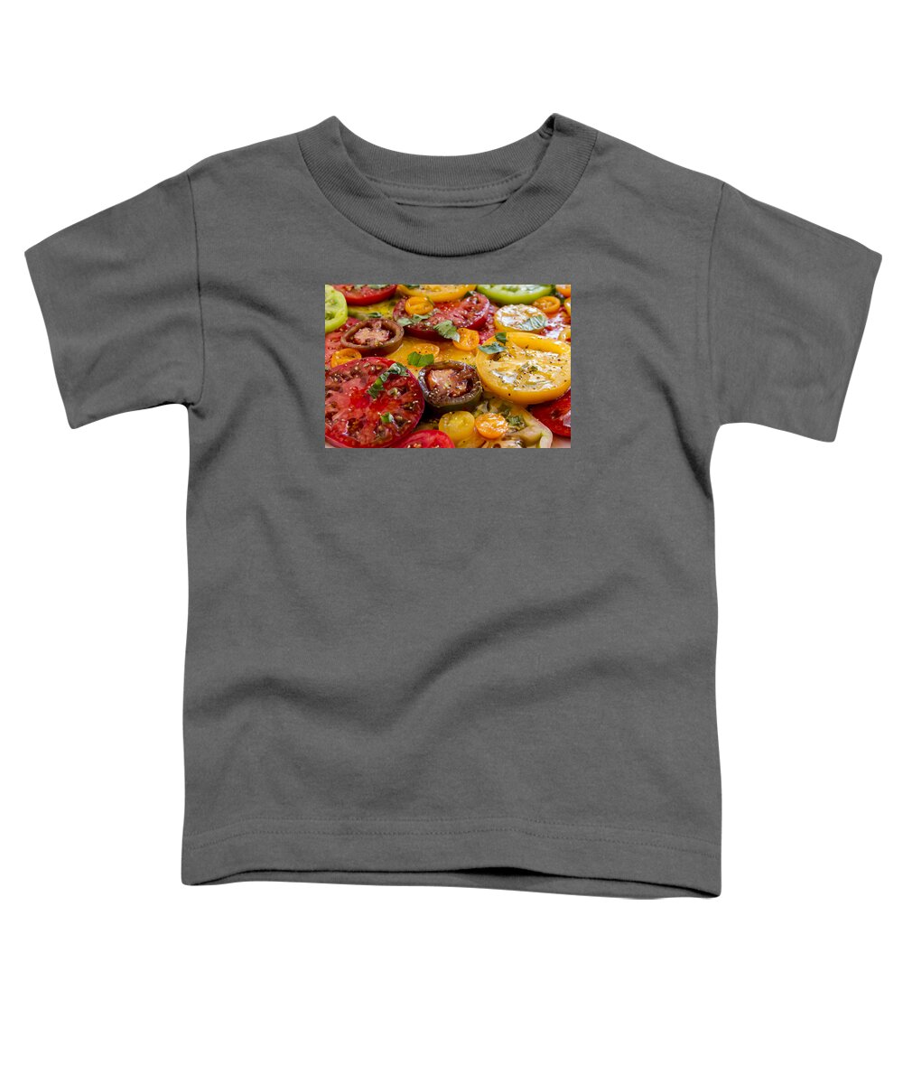 Autumn Toddler T-Shirt featuring the photograph Heirloom Tomatoes with Basil by Teri Virbickis