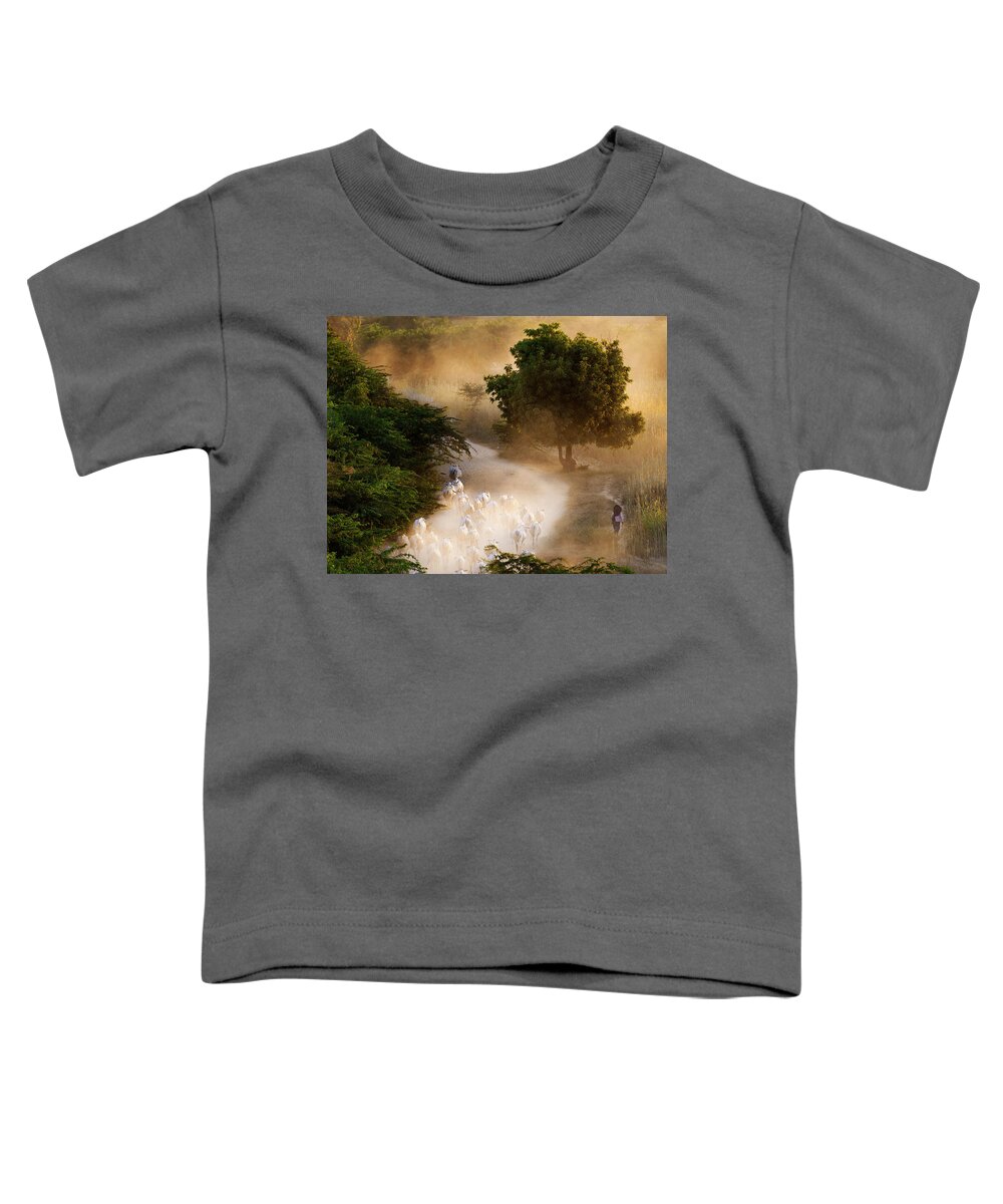Landscape Toddler T-Shirt featuring the photograph herd and farmer going home in the evening, Bagan Myanmar by Pradeep Raja Prints