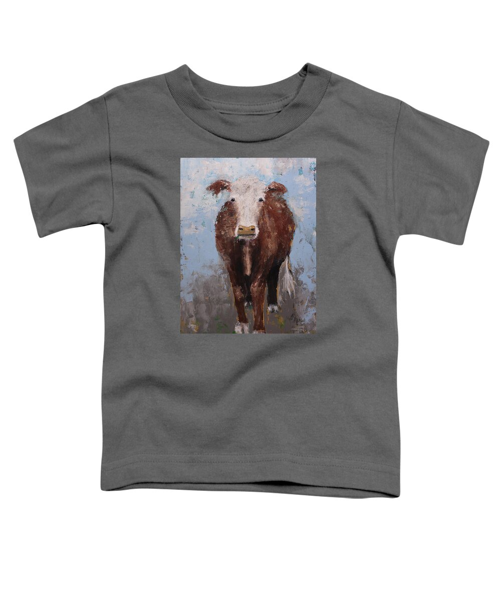 Hereford Cow Toddler T-Shirt featuring the painting Hereford Brown Cow Portrait Farm Animal Painting by Gray Artus