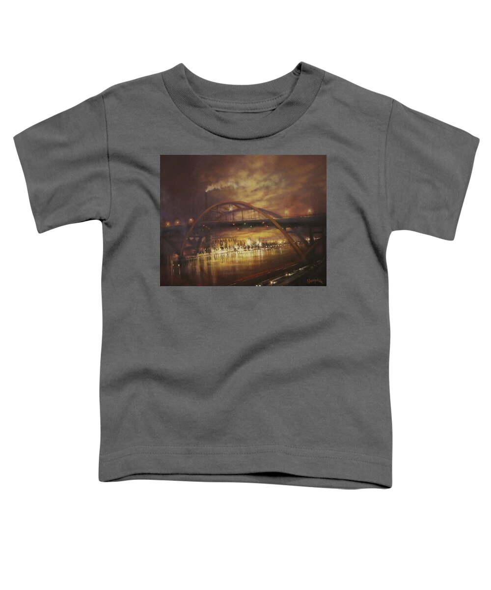 Hoan Bridge Toddler T-Shirt featuring the painting Hoan Bridge by Tom Shropshire