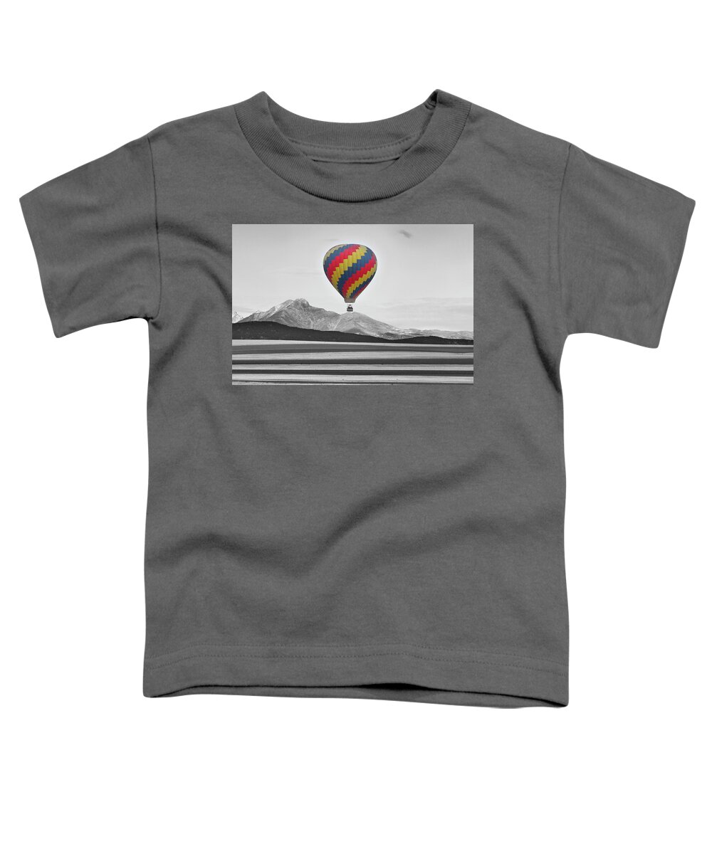 'hot Air Balloon' Toddler T-Shirt featuring the photograph Hot Air Balloon and Longs Peak - Black White and Color by James BO Insogna