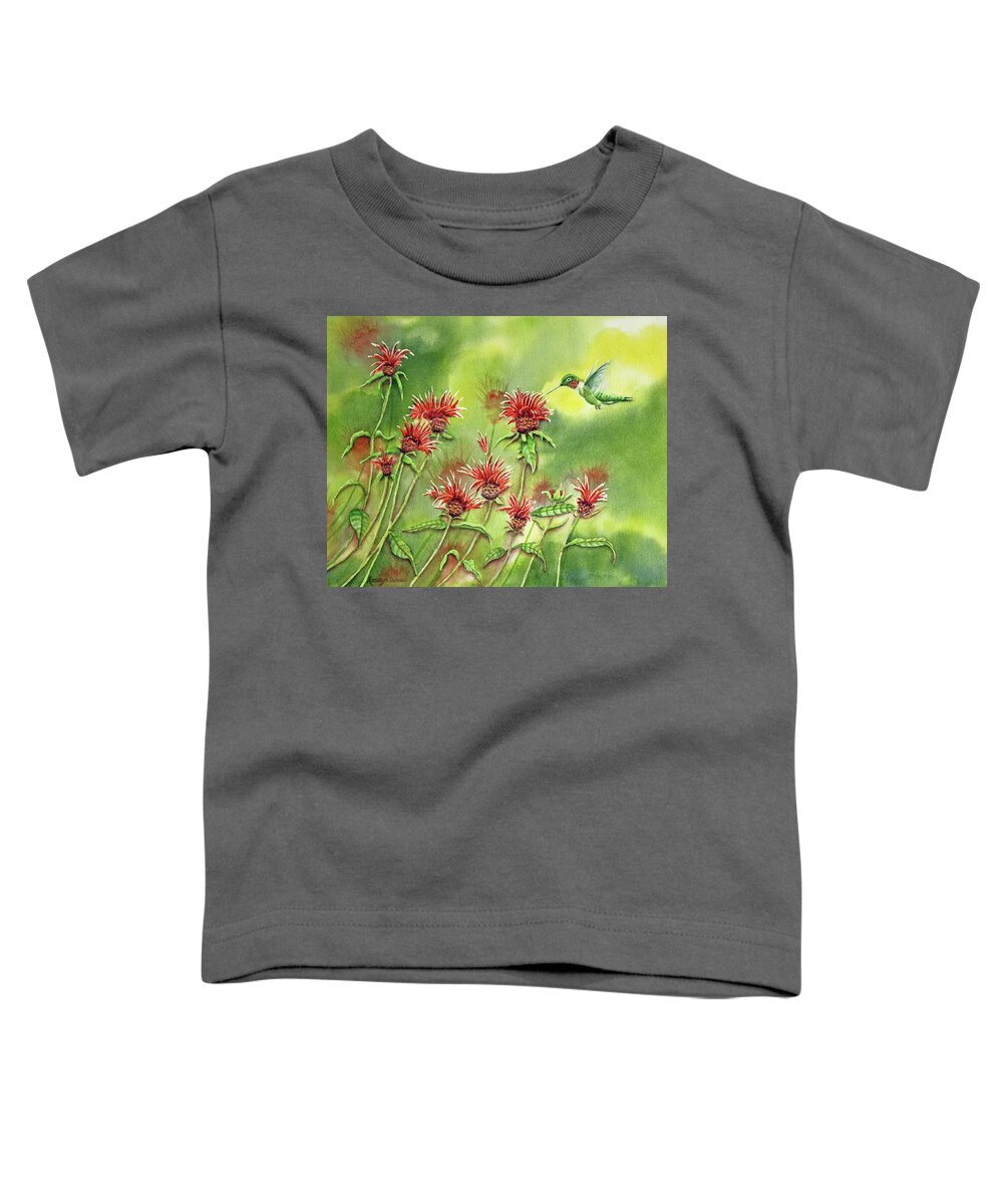 Hummingbird Toddler T-Shirt featuring the painting Hummingbird In Beebalm by Kathryn Duncan