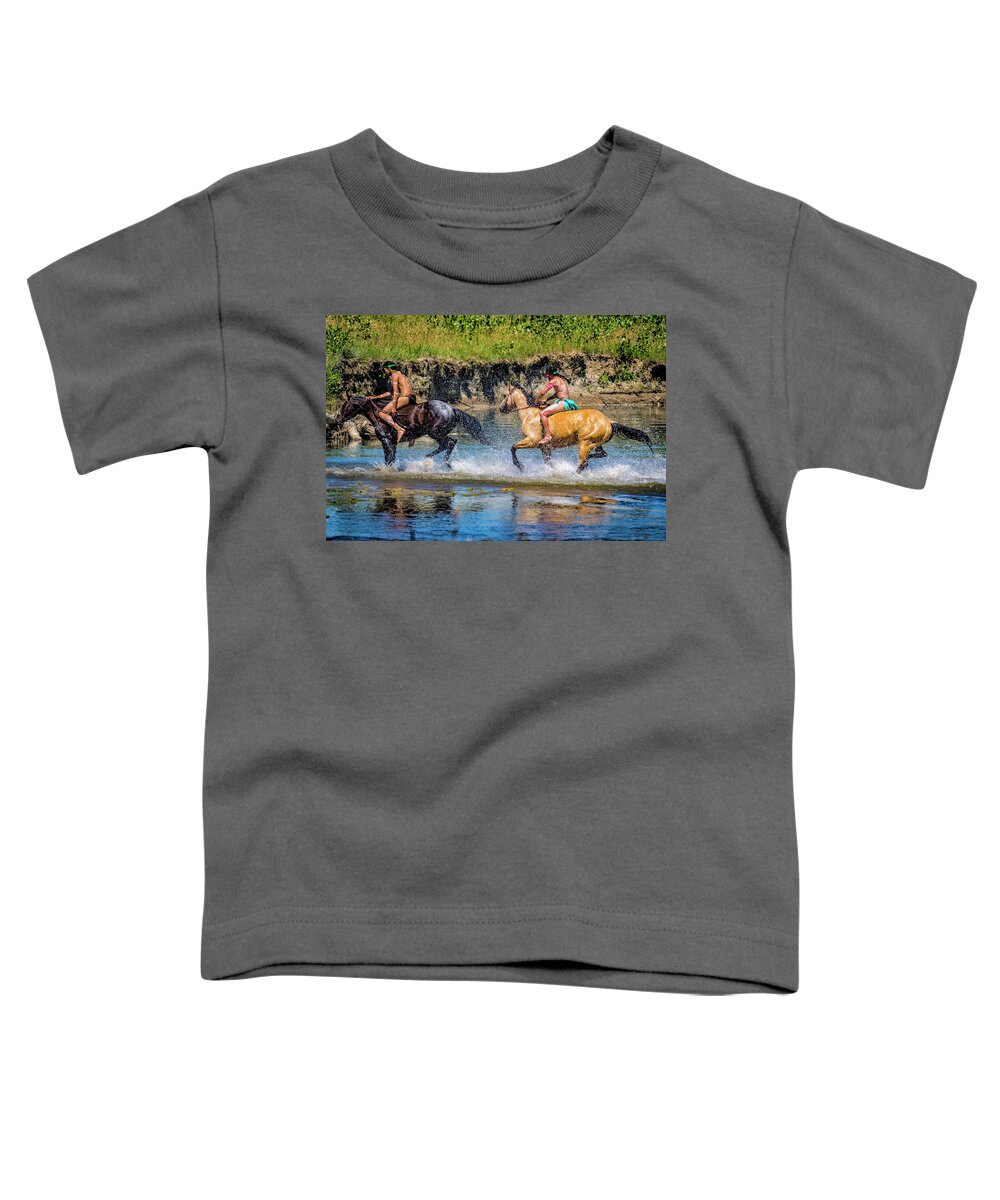 Little Bighorn Re-enactment Toddler T-Shirt featuring the photograph Indian Warriors Crossing Little Bighorn River by Donald Pash