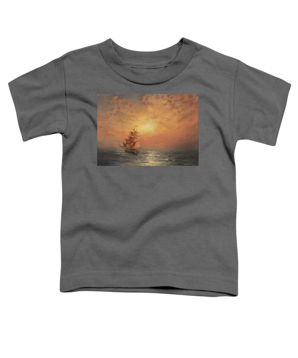 Sailing Ship Toddler T-Shirt featuring the painting Into the Sunset by Tom Shropshire