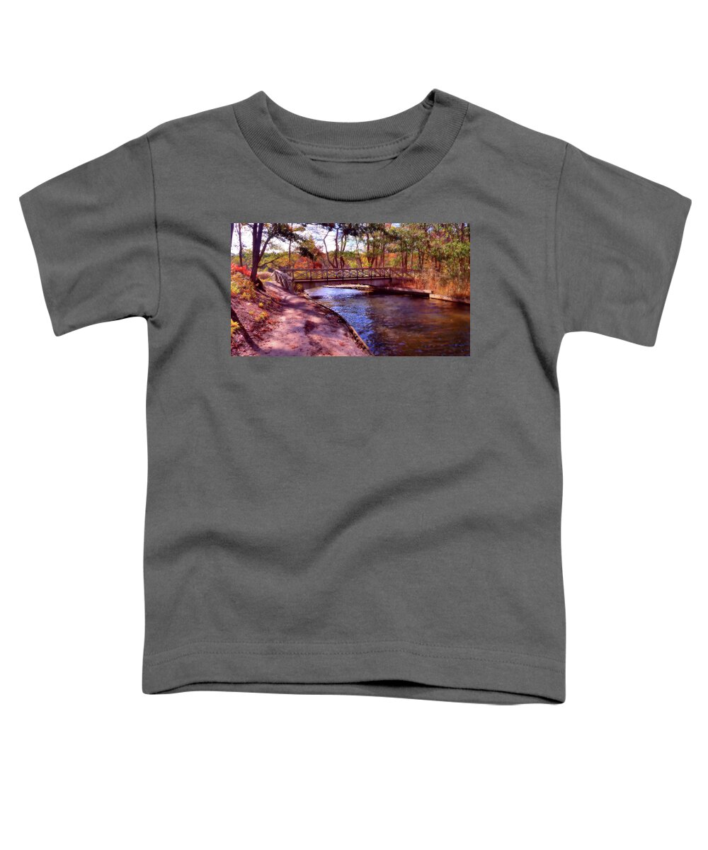 Autumn Toddler T-Shirt featuring the mixed media Island Bridge in Autumn by Stacie Siemsen