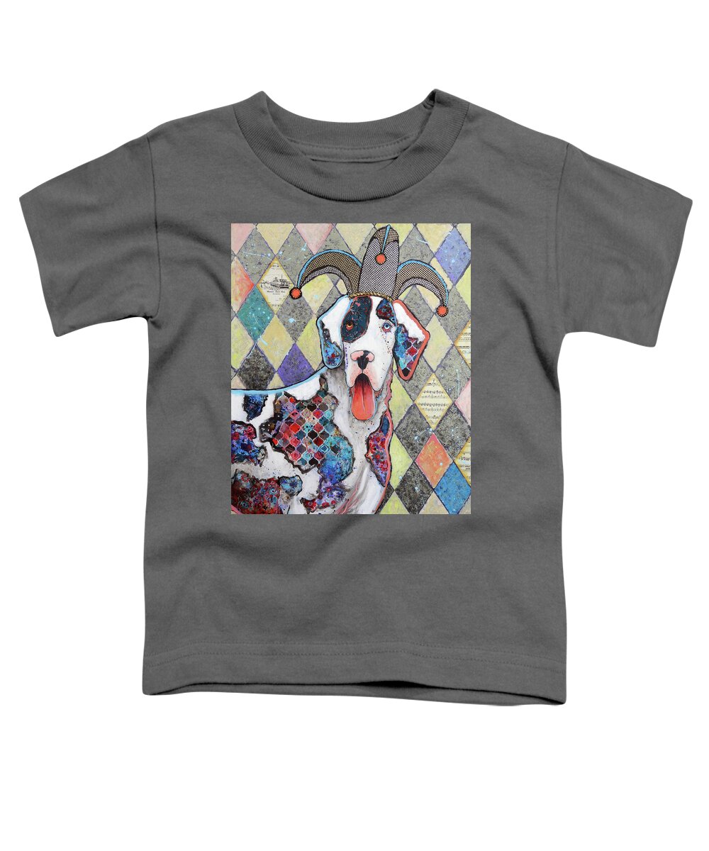 Harlequin Great Dane Toddler T-Shirt featuring the painting Jest, I Surely Do by Ande Hall