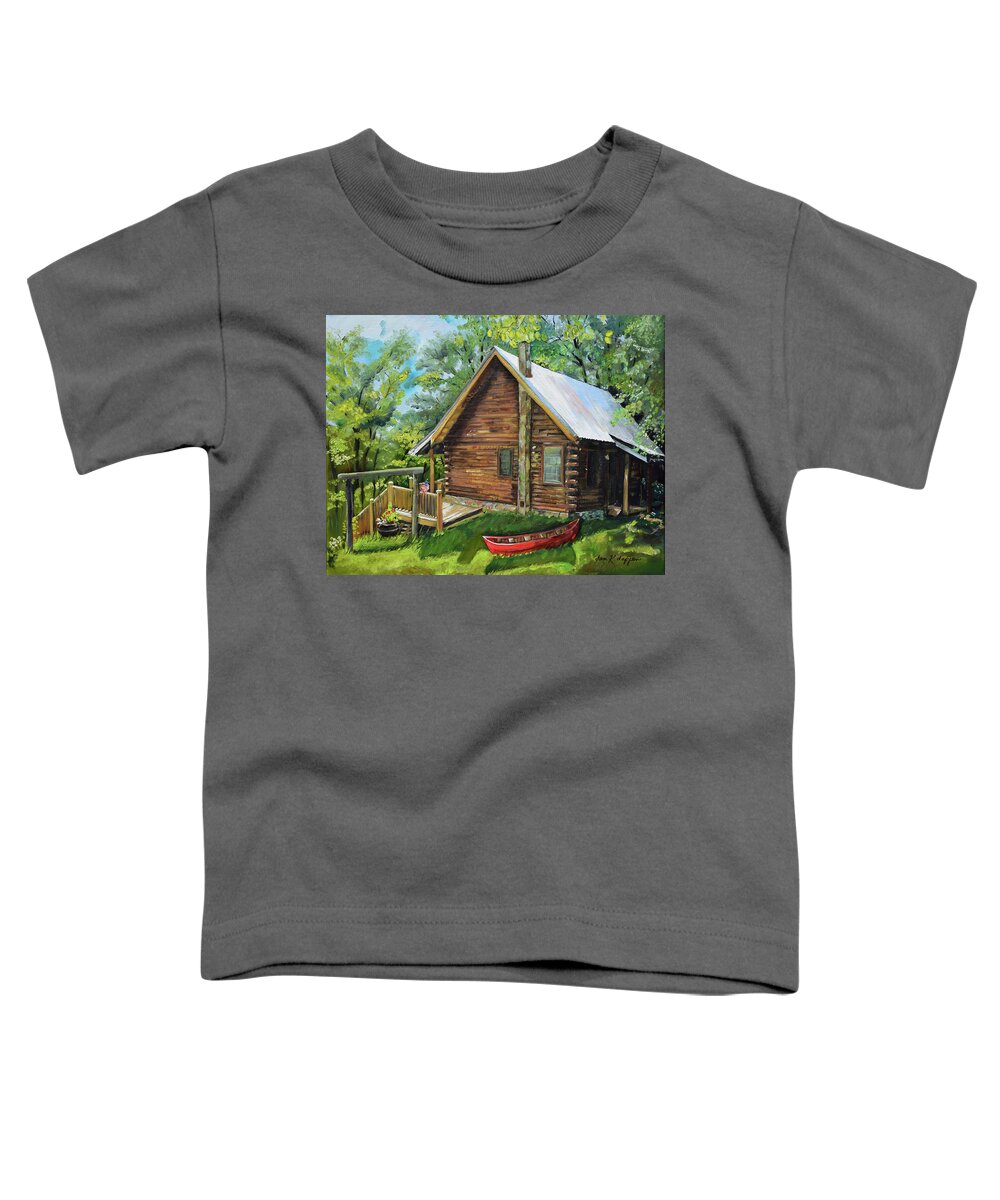 Log Cabin Toddler T-Shirt featuring the painting Joe's Cabin and Red Canoe - Ellijay - North Ga Mtns by Jan Dappen