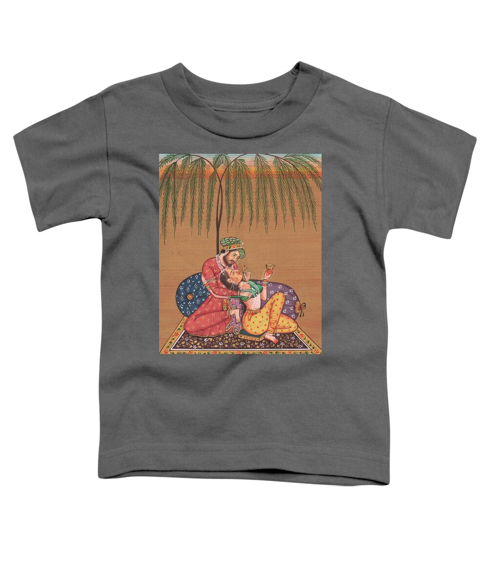 King Of India Mughal Art Of Love Kamsutra Paper Painting Artwork Toddler T-Shirt featuring the painting King of India Mughal Art of Love Kamsutra Under the Tree Paper Painting Artwork Drawing by M B Sharma