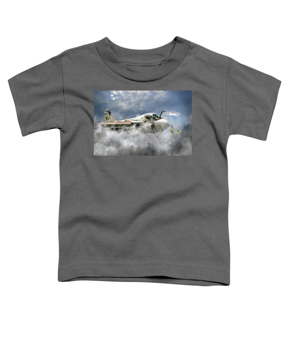 A Grumman A6 Intruder From Va-52 The 'knight Riders Ready For Launch From The Uss Kitty Hawk Toddler T-Shirt featuring the digital art Knight Riders by Airpower Art