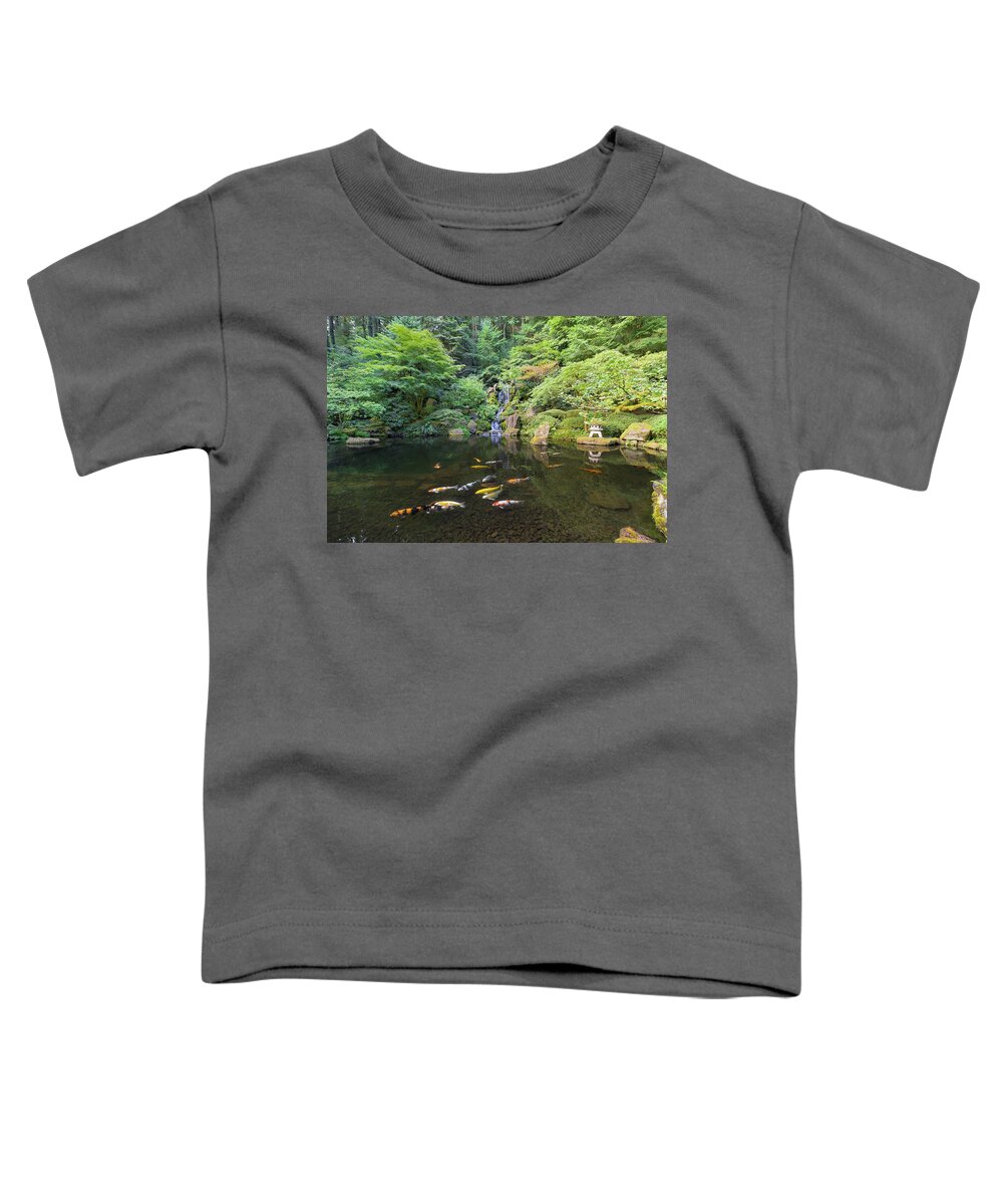 Waterfall Toddler T-Shirt featuring the photograph Koi Fish in Waterfall Pond at Japanese Garden by David Gn