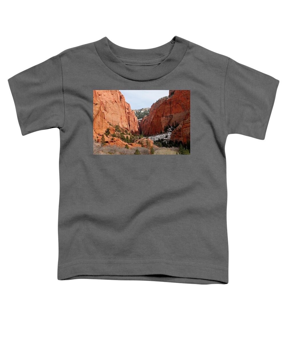 Kolob Canyon Toddler T-Shirt featuring the photograph Kolob Canyon Dusted with Snow by Christy Pooschke