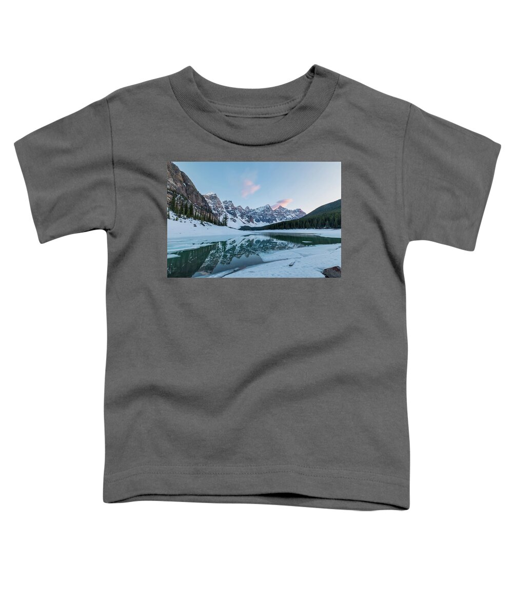 Photosbymch Toddler T-Shirt featuring the photograph Moraine Lake at Sunset by M C Hood