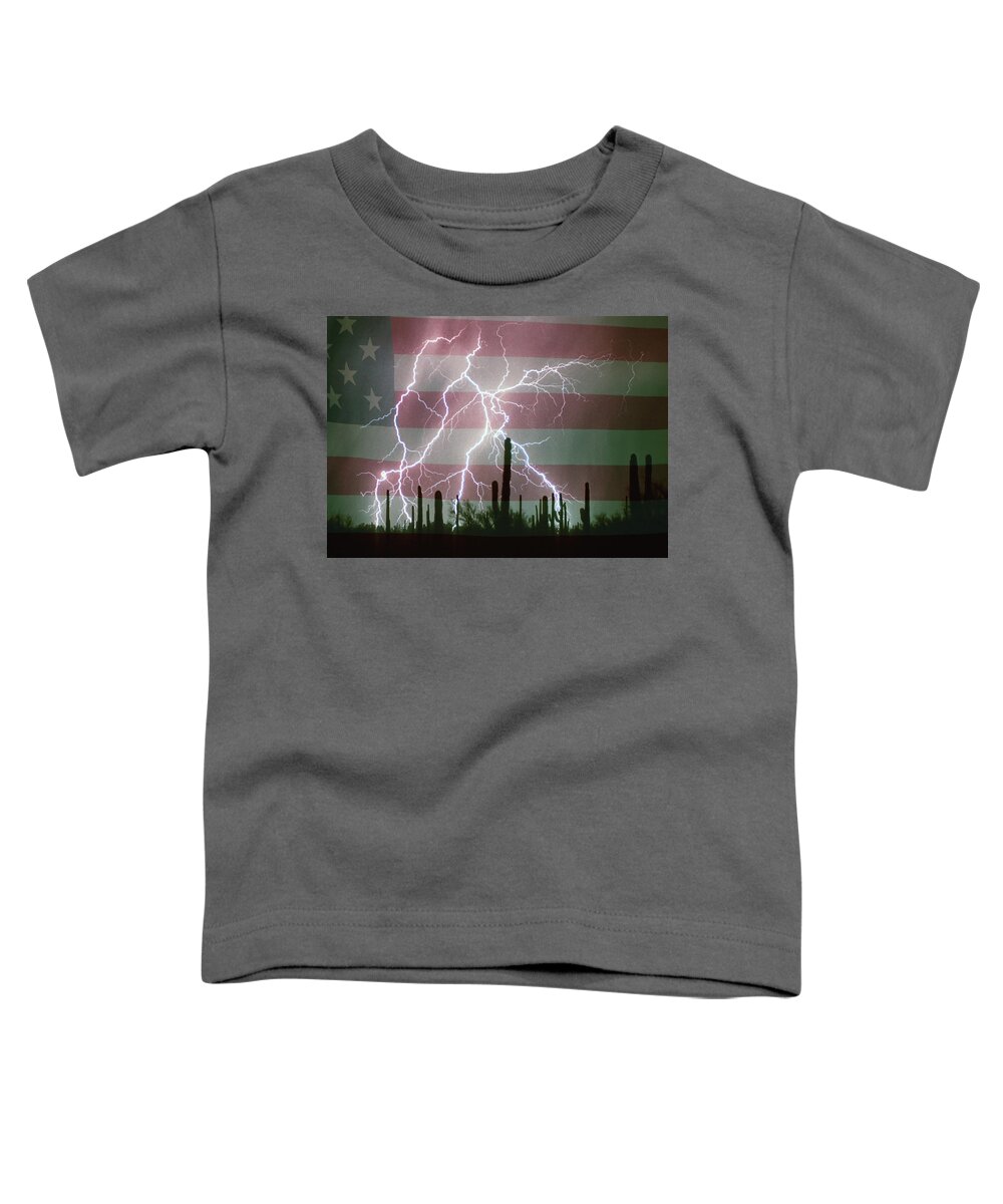 Americano Toddler T-Shirt featuring the photograph Lightning Storm in the USA Desert Flag Background by James BO Insogna