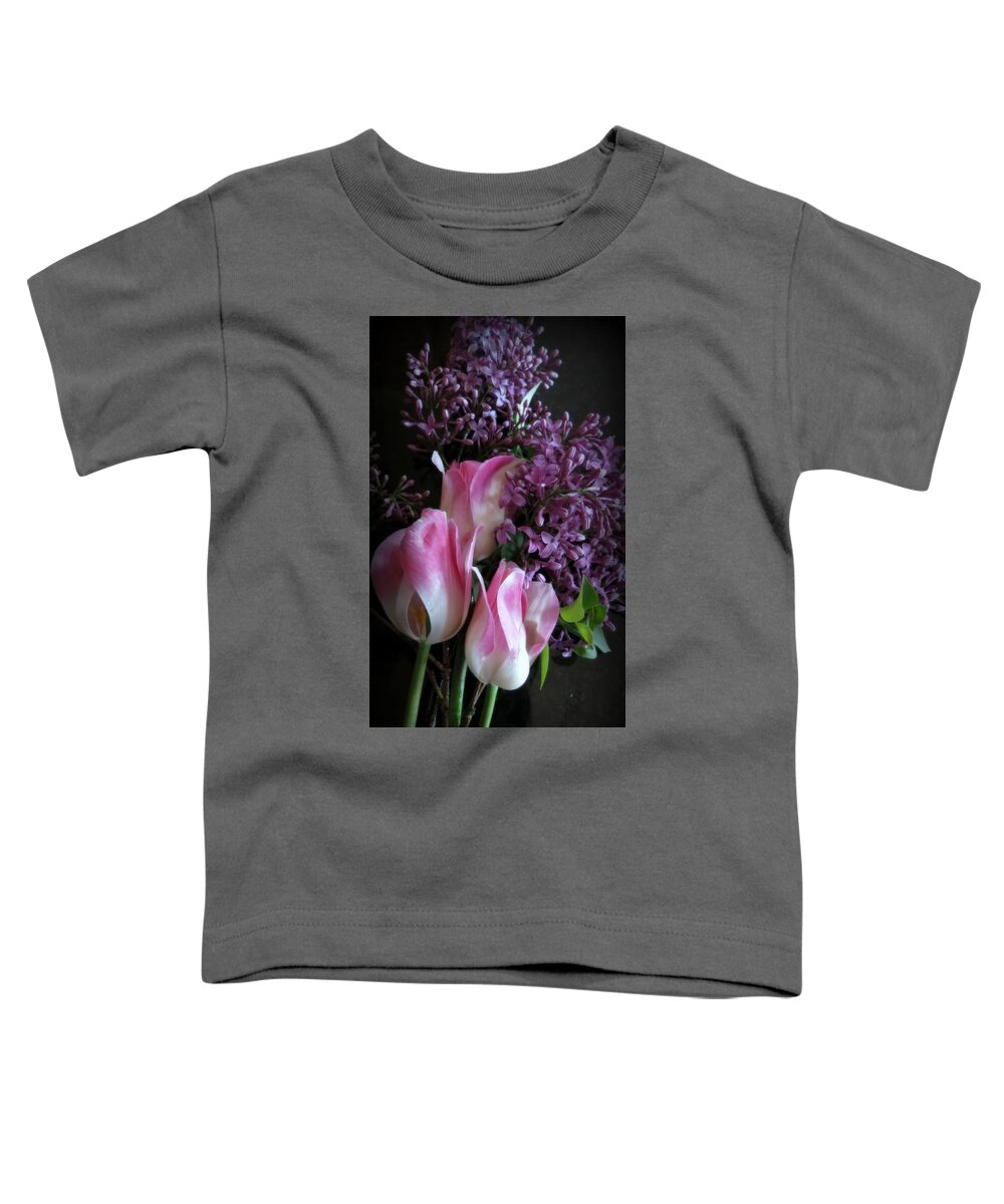 Lilacs Toddler T-Shirt featuring the photograph Lilacs And Tulips by Kay Novy