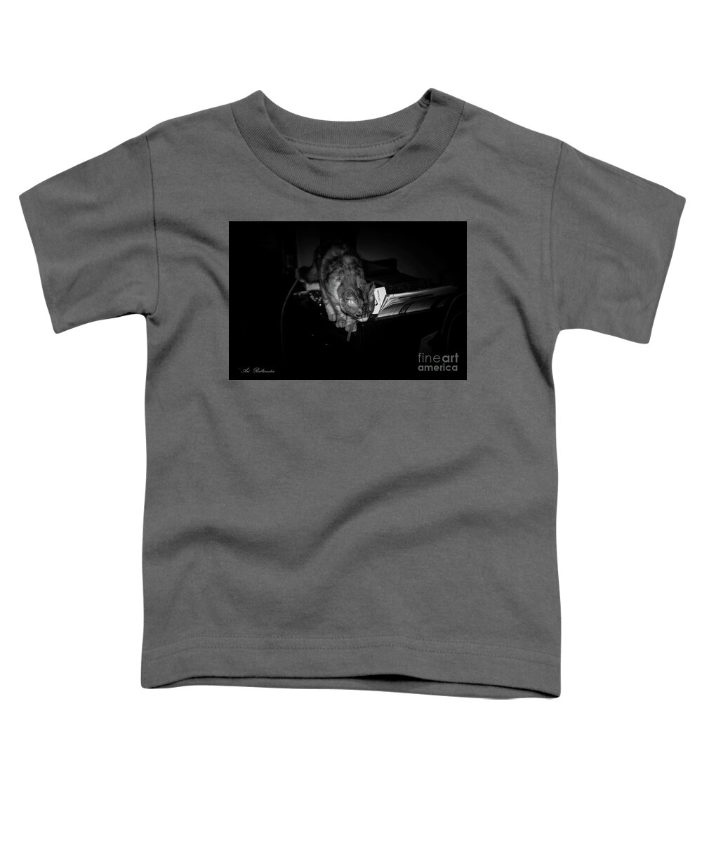 Black And White Toddler T-Shirt featuring the photograph Lili at night activity by Arik Baltinester