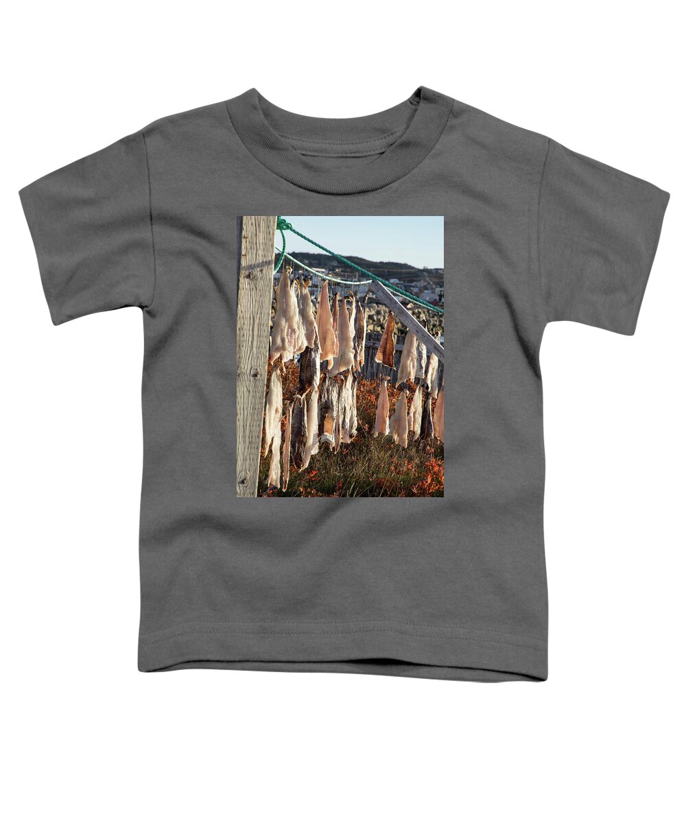 Bonavista Toddler T-Shirt featuring the photograph Lines with salt cod pieces drying in Bonavista, NL, Canada by Karen Foley