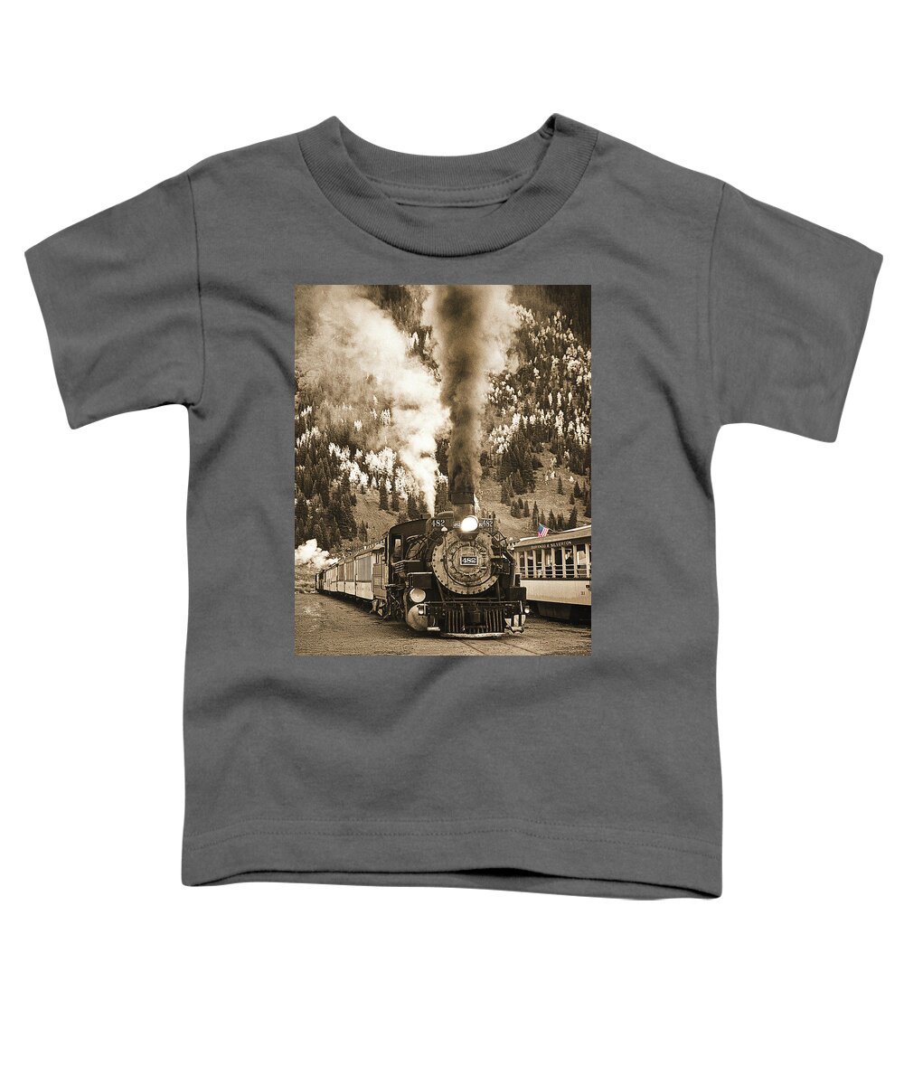 Train Toddler T-Shirt featuring the photograph Locomotive To The Past Sepia, Durango Silverton Narrow Gauge, Colorado by Don Schimmel