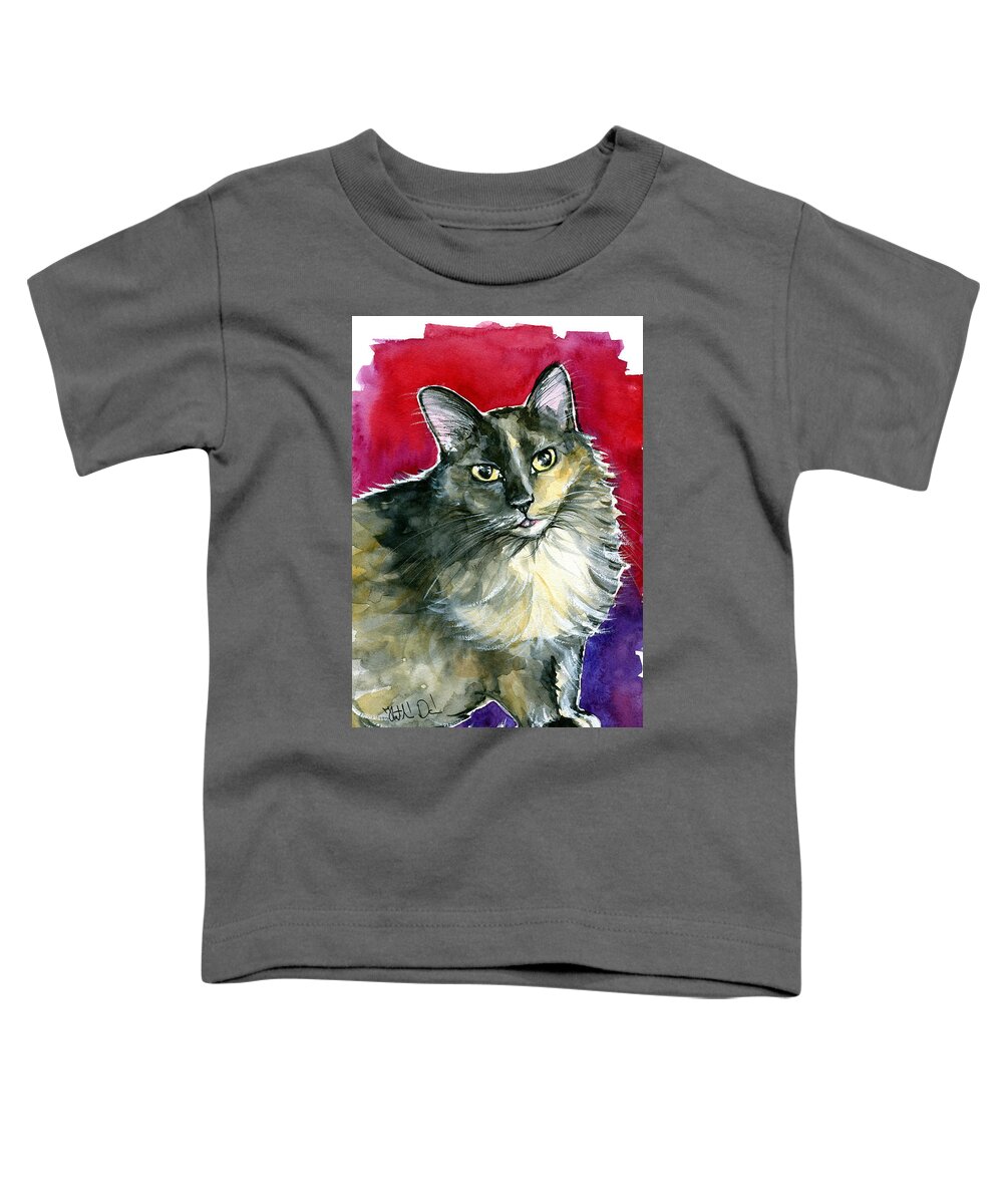 Cat Toddler T-Shirt featuring the painting Lola - Long Haired Fluffy Cat Portrait by Dora Hathazi Mendes