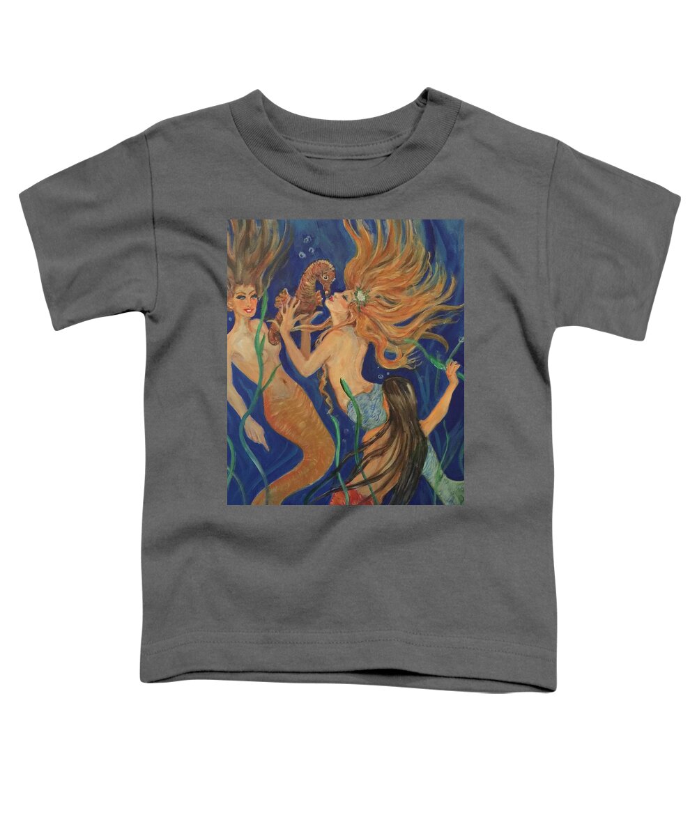 3 Mermaids Under The Sea. Blues Toddler T-Shirt featuring the painting Look What I Found by Charme Curtin