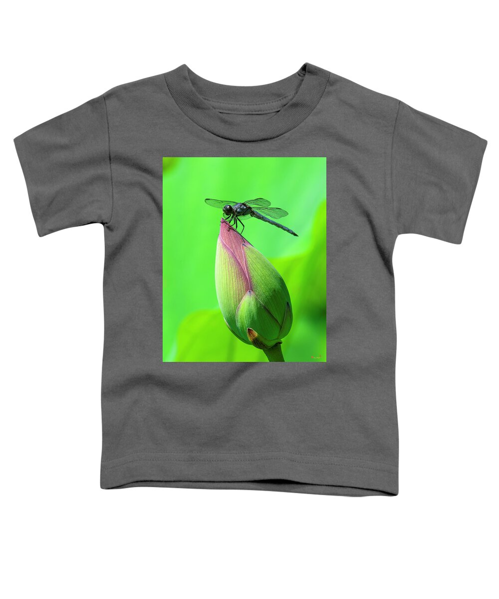 Lotus Toddler T-Shirt featuring the photograph Lotus Bud and Slaty Skimmer Dragonfly DL0105 by Gerry Gantt