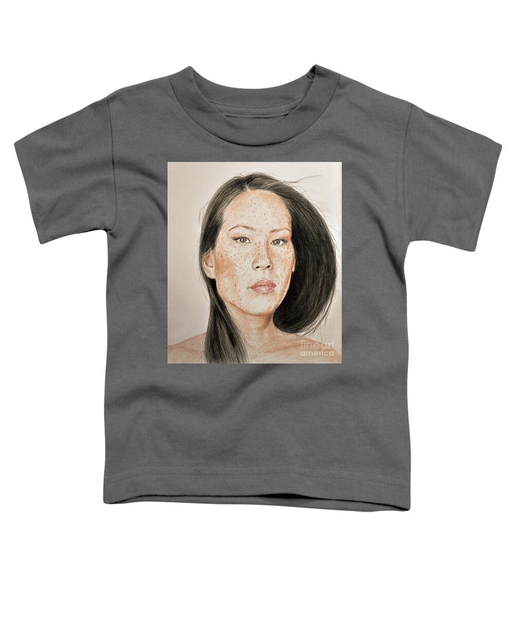 Lucy Liu Toddler T-Shirt featuring the drawing Lucy Liu Freckled Beauty by Jim Fitzpatrick