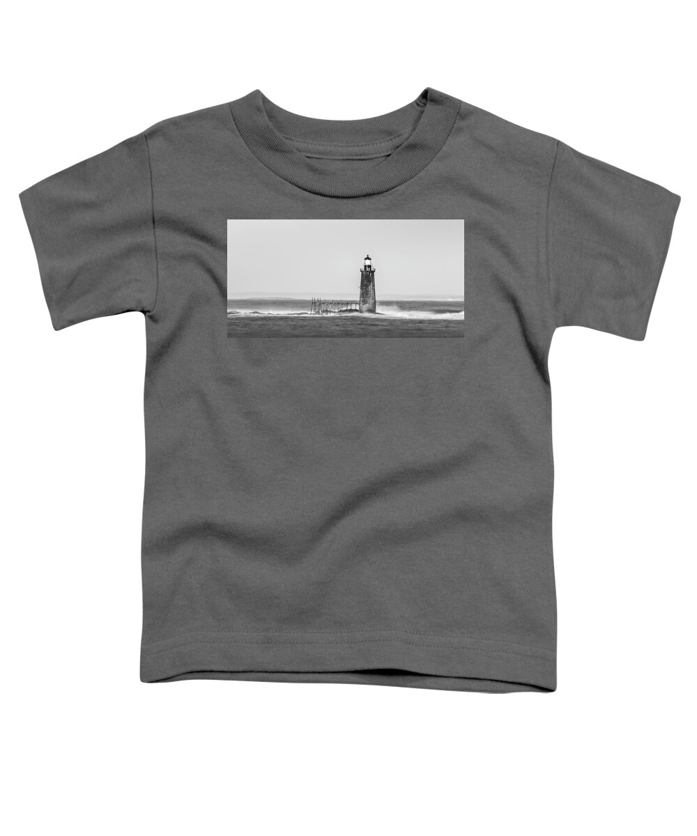 Maine Toddler T-Shirt featuring the photograph Maine Ram Island Ledge Lighthouse and Windy Surf in BW Panorama by Ranjay Mitra
