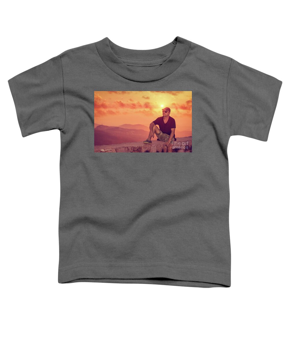 Adventure Toddler T-Shirt featuring the photograph Man enjoying sunset by Anna Om