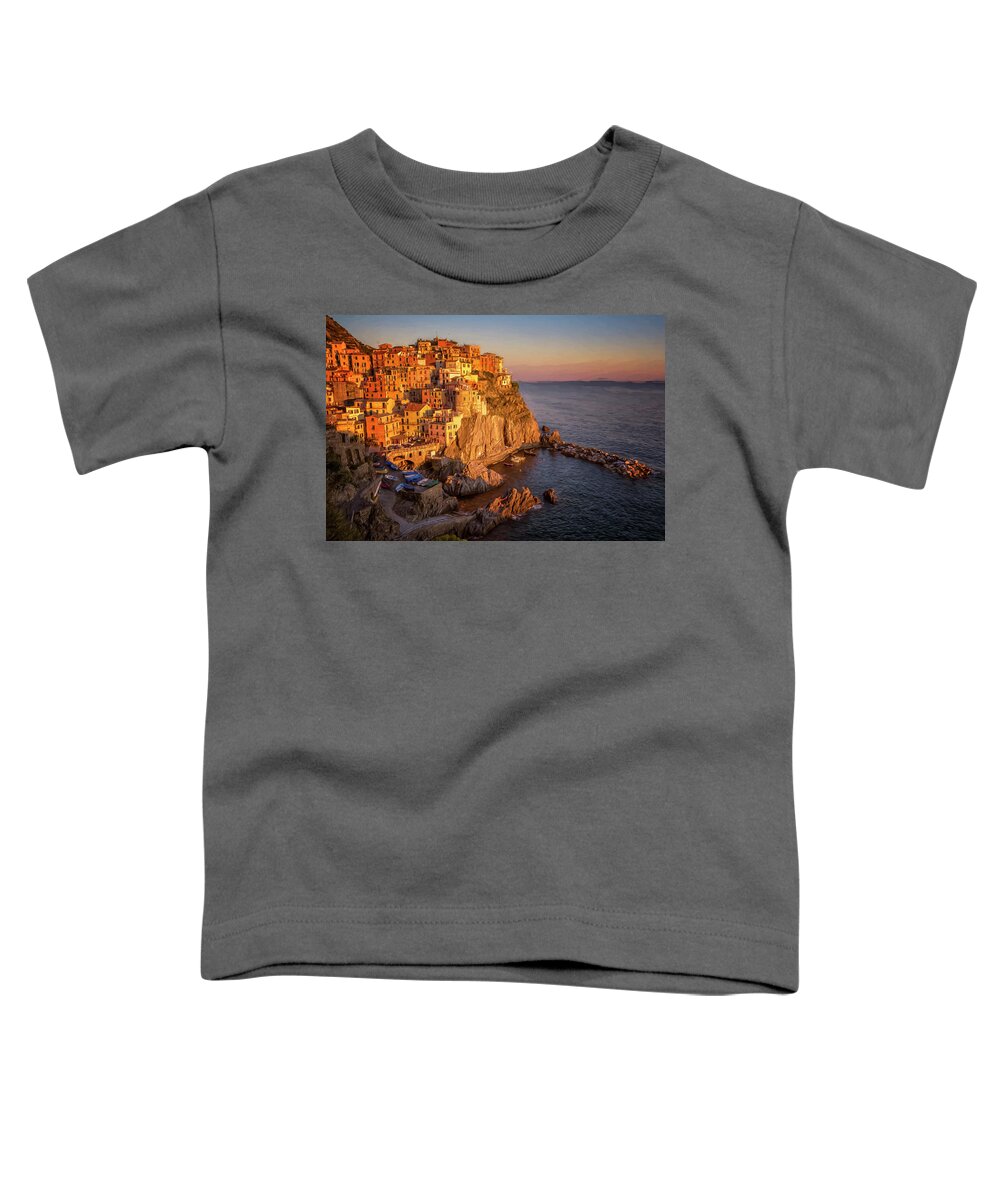 Cinque Terre Toddler T-Shirt featuring the photograph Manarola Dusk Cinque Terre Italy Painterly by Joan Carroll