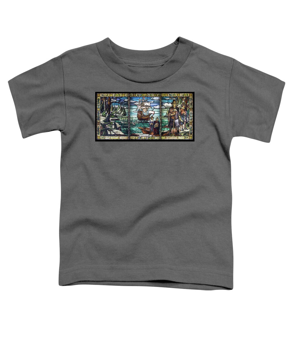 Mayflower Toddler T-Shirt featuring the photograph Mayflower Pilgrims in Stained Glass by John Haldane