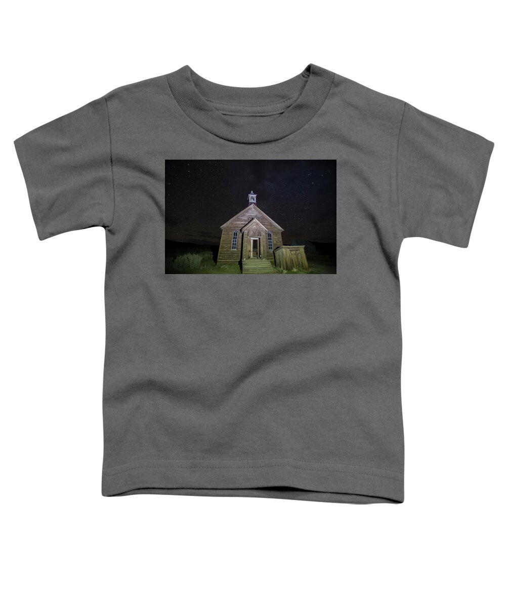 Abandoned Toddler T-Shirt featuring the photograph Methodist church at night, Bodie, California by Karen Foley