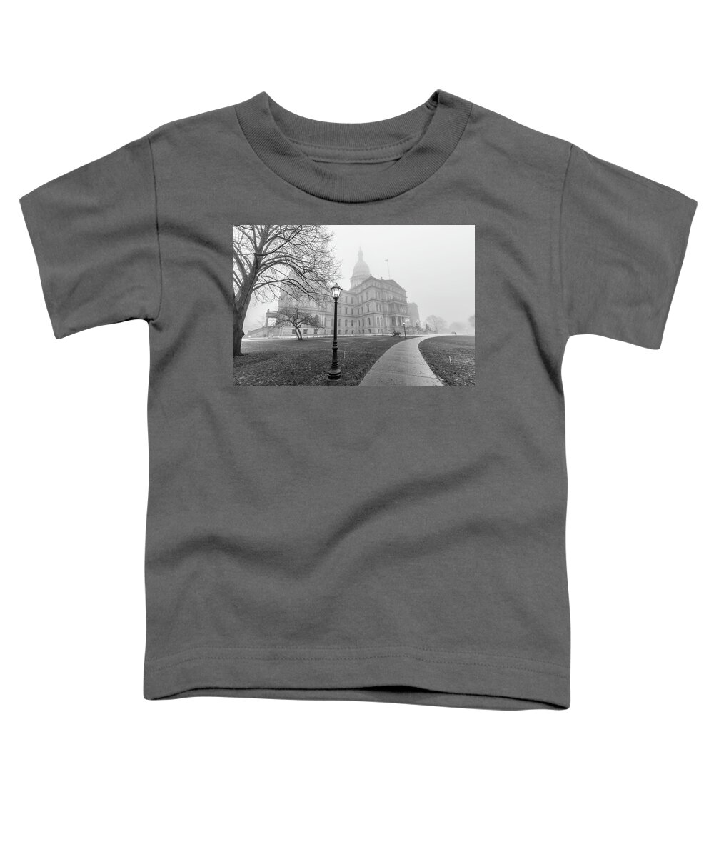 Black And White Toddler T-Shirt featuring the photograph Michigan Capital on foggy morning by John McGraw