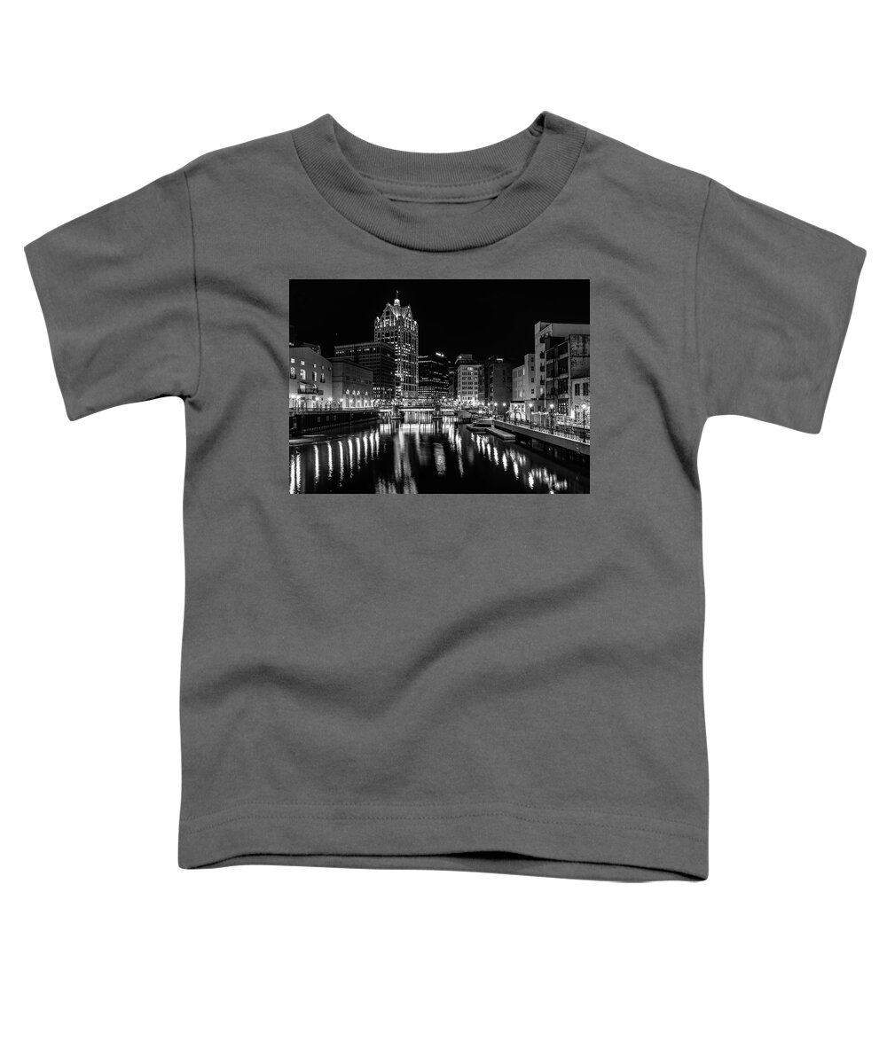 Monochrome Toddler T-Shirt featuring the photograph Milwaukee at Night by John Roach