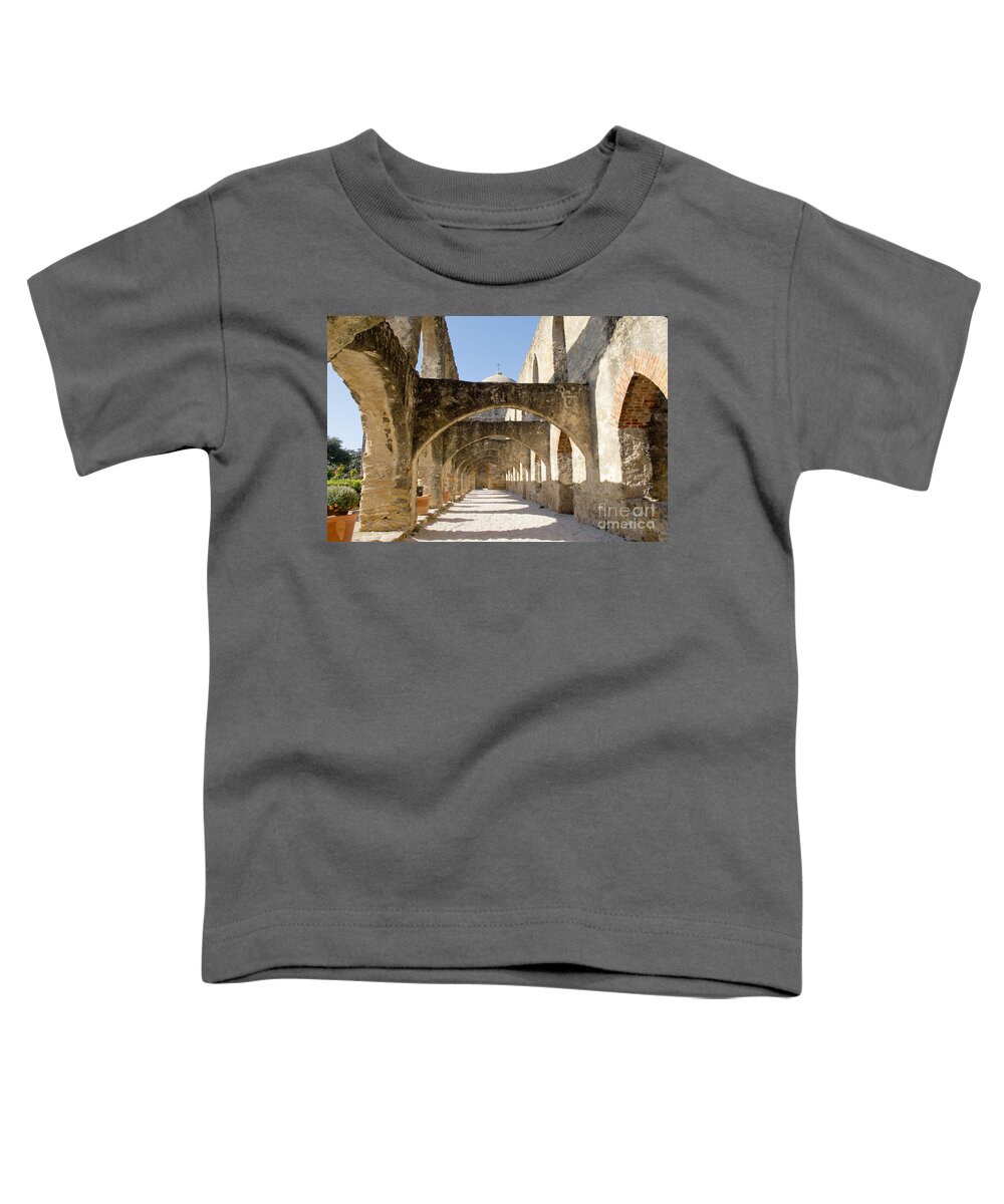 Arched Path Toddler T-Shirt featuring the photograph Mission San Jose y San Miguel de Aguayo. Path. by Elena Perelman