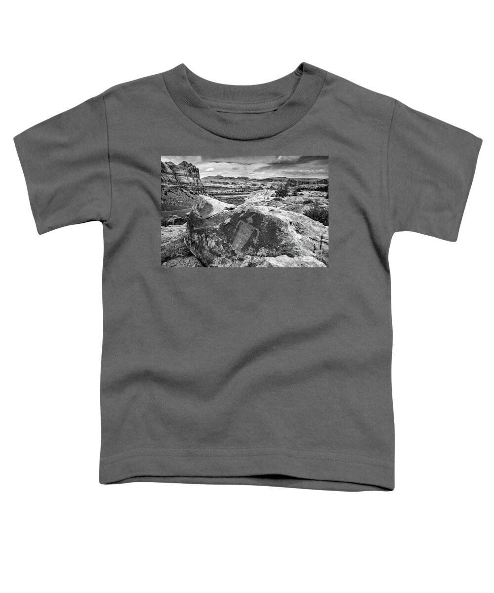 Moab Toddler T-Shirt featuring the photograph Moab Maiden Petroglyph - Black and White - Utah by Gary Whitton
