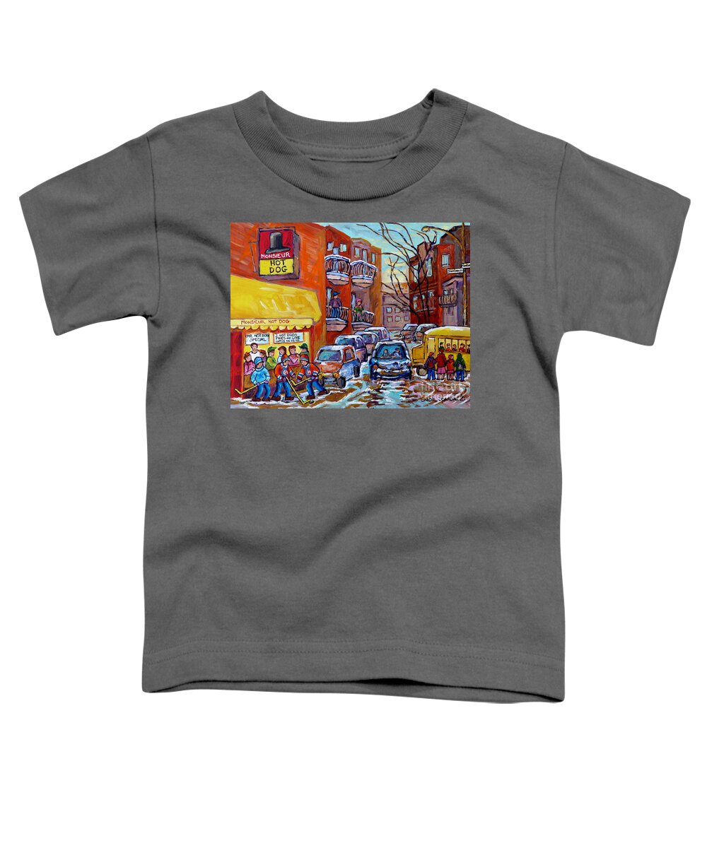 Montreal Toddler T-Shirt featuring the painting Monsieur Hot Dog Montreal 375 Canadian Hockey Art Painting Carole Spandau Winter City Scenes     by Carole Spandau