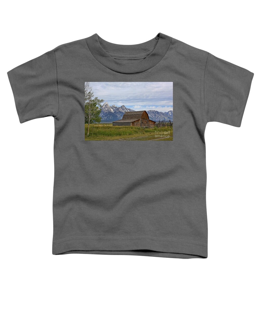 Mormon Row Toddler T-Shirt featuring the photograph Mormon Row Barn and Grand Tetons by Teresa Zieba