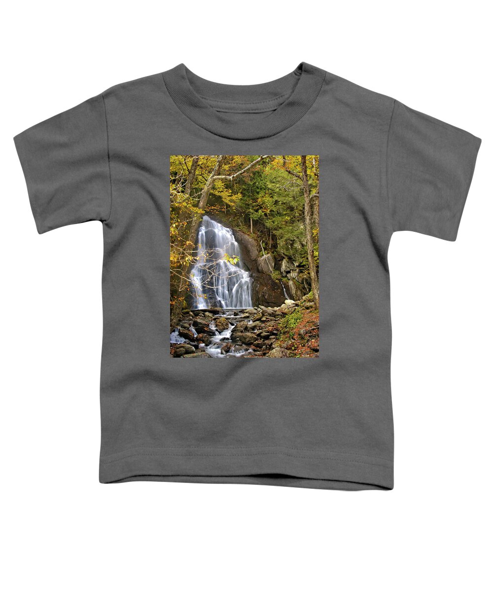 Moss Glen Falls;vermont;waterfall;autumn;fall;water;brook;stream;leaves;trees;yellow;green;peace; Serenity;nature;outdoors;hiking;travel;landscape;water;colorful;beauty;jill Love Toddler T-Shirt featuring the photograph Moss Glen Falls by Jill Love