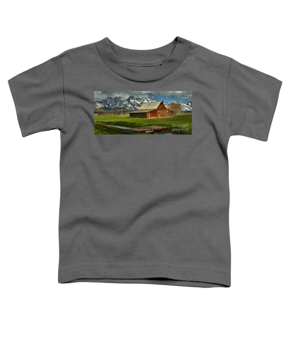 Moulton Barn Toddler T-Shirt featuring the photograph Moulton Barn Springtime Panorama by Adam Jewell