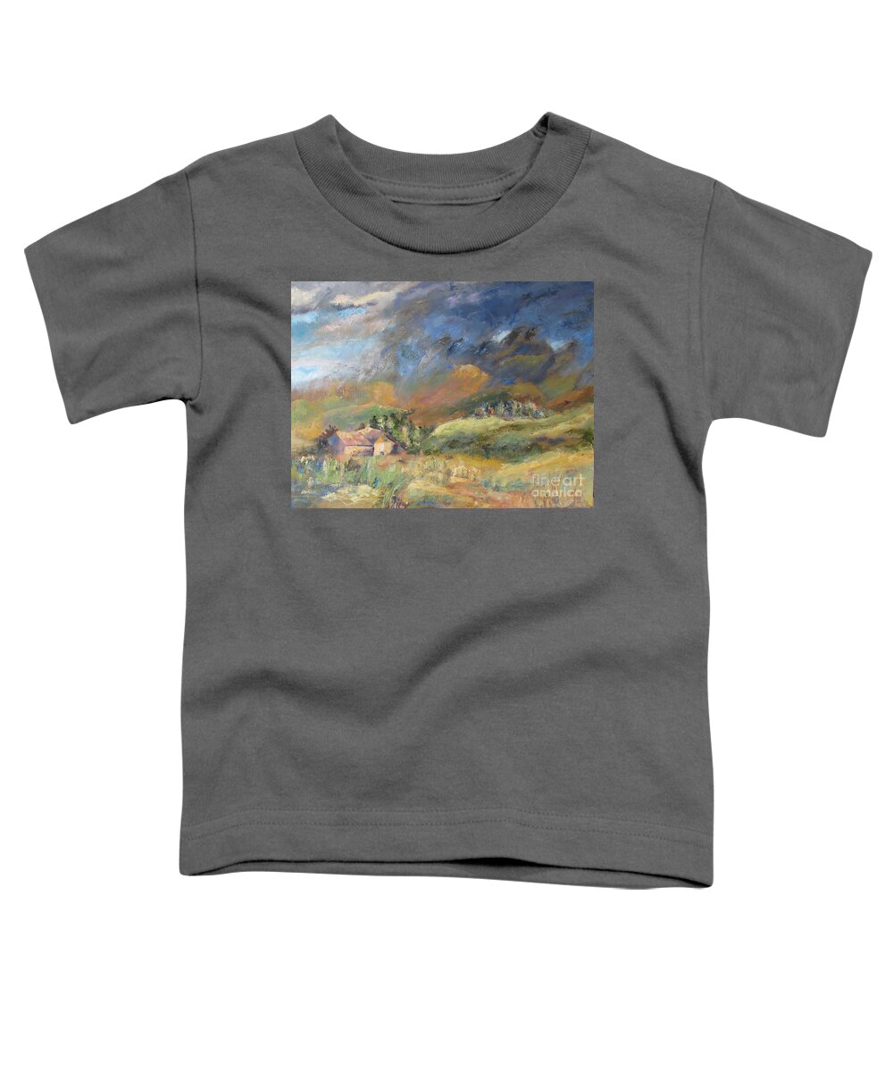 Mountain Toddler T-Shirt featuring the painting Mountain Storm by John Nussbaum