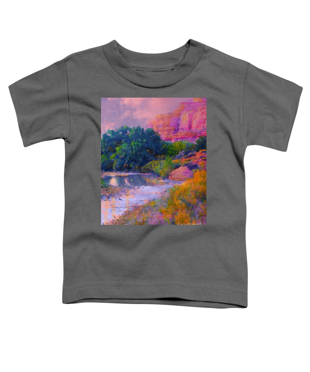 Mystic Pink Hues In Evening Cast A Mellow Mood On Delores River Gateway Colorado Hwy 141 Toddler T-Shirt featuring the digital art Mystic pinks in Canyon by Annie Gibbons