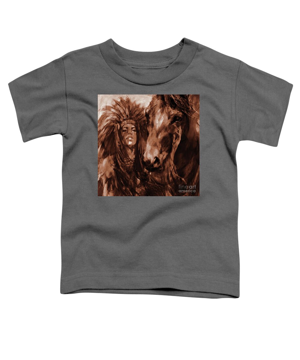 Native American Toddler T-Shirt featuring the painting Native Woman with Horse by Gull G