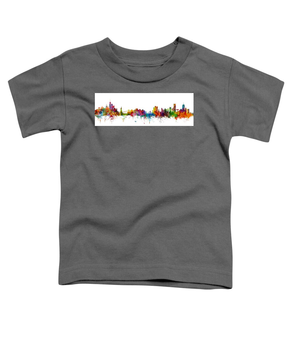 Boston Toddler T-Shirt featuring the digital art New York and Boston Skyline Mashup by Michael Tompsett