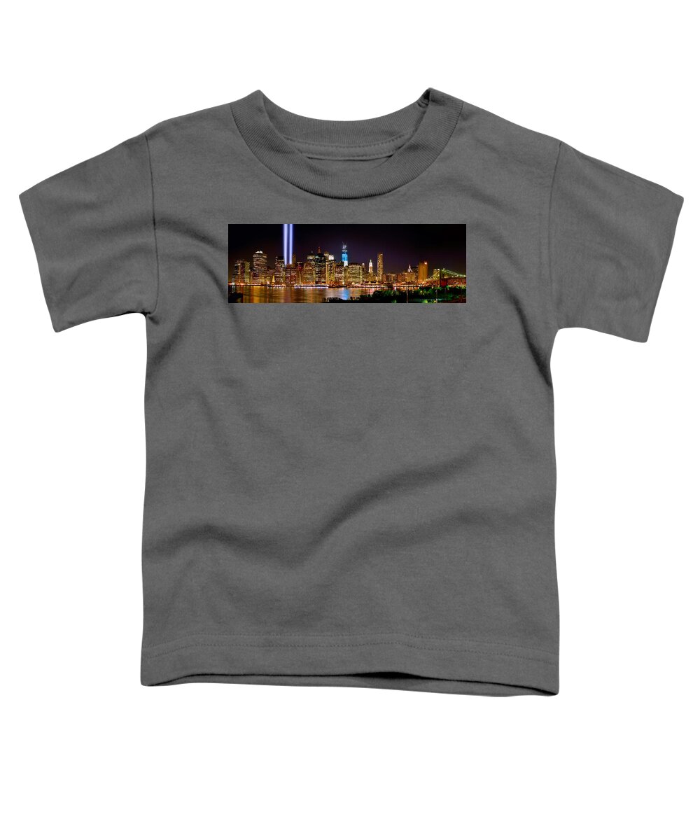 #faatoppicks Toddler T-Shirt featuring the photograph New York City Tribute in Lights and Lower Manhattan at Night NYC by Jon Holiday