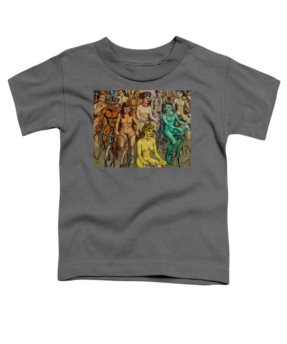 Body-paint Toddler T-Shirt featuring the painting Nude cyclists with bodypaint by Peregrine Roskilly