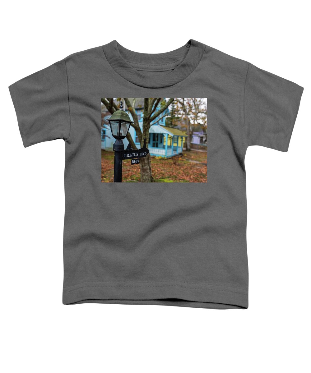 Oak Toddler T-Shirt featuring the photograph Oak Bluffs Cottages Trail's End Sign Lat Autumn Fall Martha's Vineyard Cape Cod by Toby McGuire