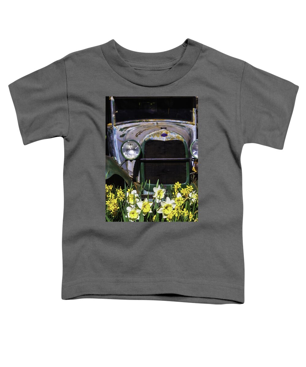 Old Toddler T-Shirt featuring the photograph Old Car And Daffodils by Garry Gay