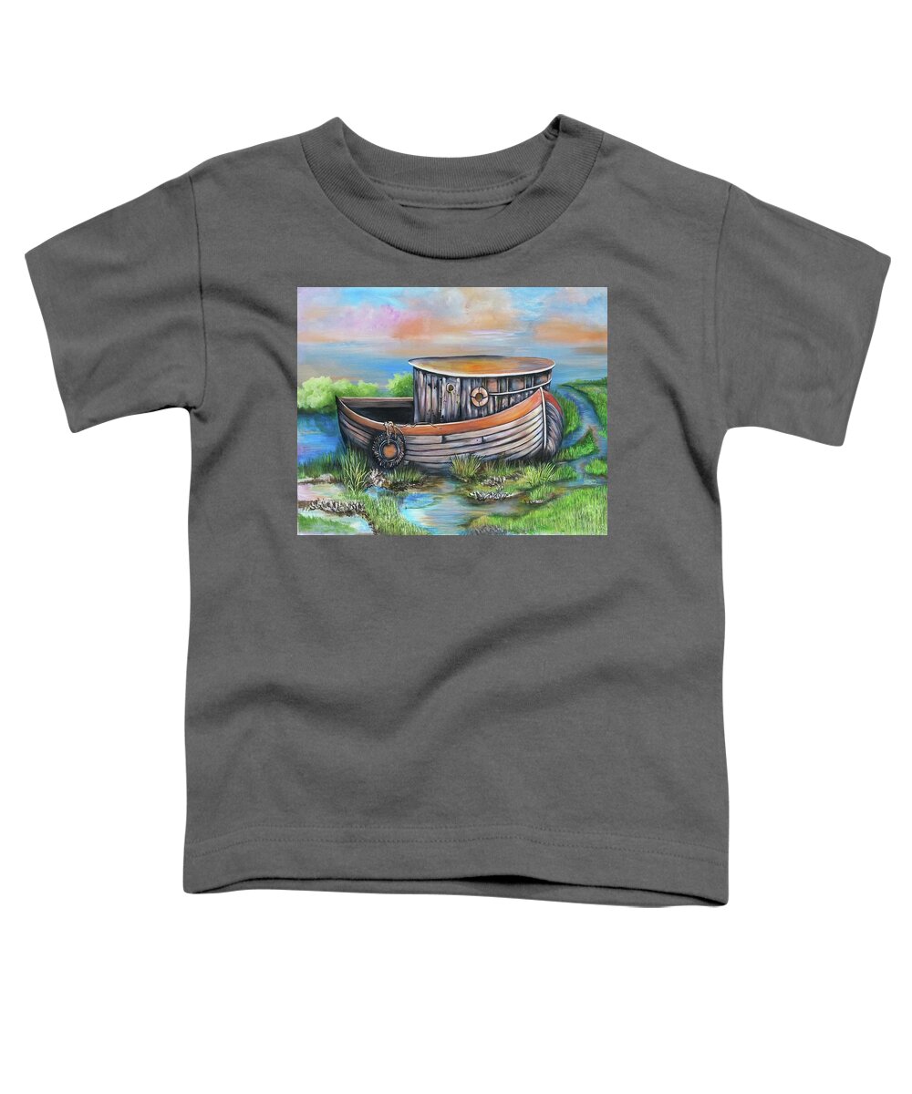Marsh Toddler T-Shirt featuring the painting Old Mans Boat by Virginia Bond