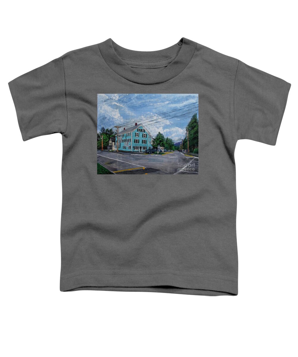 Blue Toddler T-Shirt featuring the painting On the Corner of Church and Main by Marina McLain