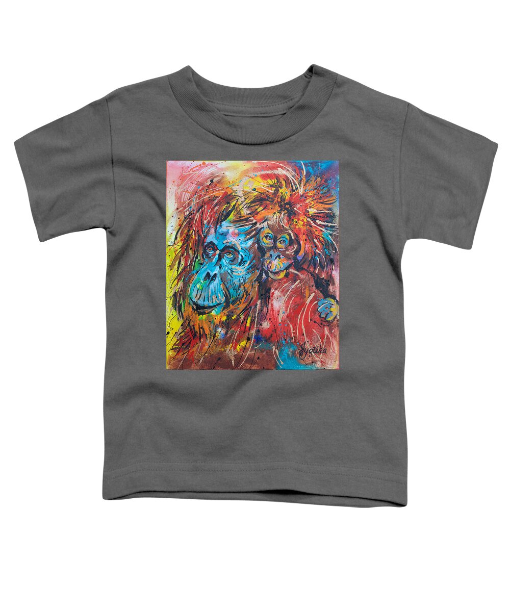 Orangutan Mother And Baby Toddler T-Shirt featuring the painting Orangutan Joyful Ride by Jyotika Shroff